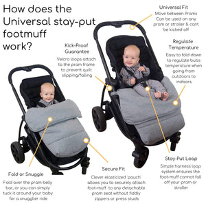 Universal Stay-Put Pram Quilt/Footmuff- Charcoal - Outlook Baby
